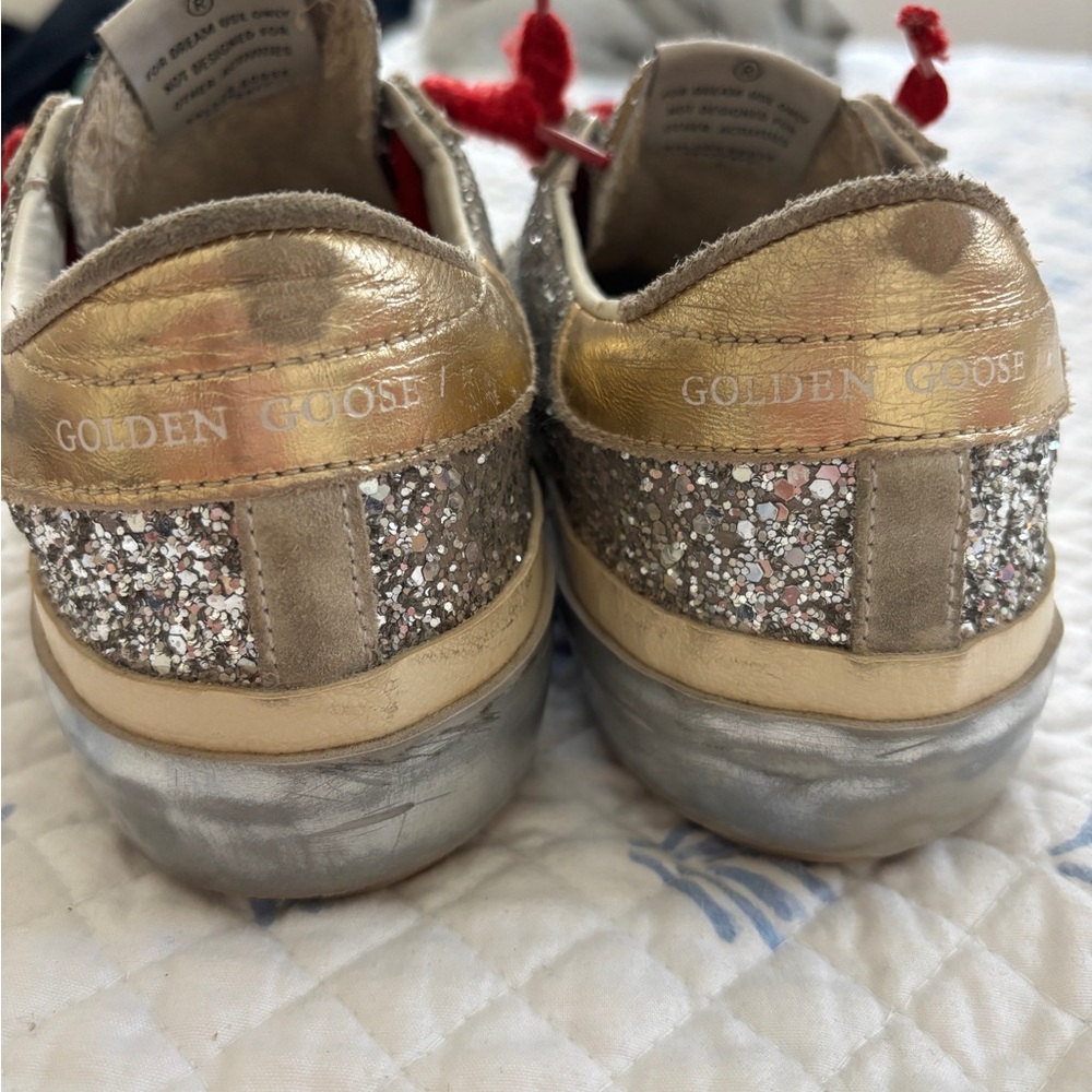 Golden Goose Silver Glitter Sneakers with Blue Star and Red Laces - Picture 3 of 4